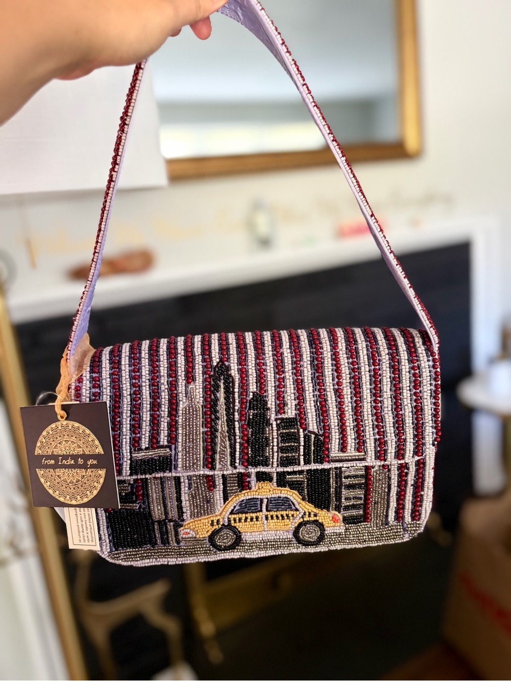 Rare: Viral TikTok Cityscape / NYC Beaded Bag, Yellow Cab & Black Red Skyline